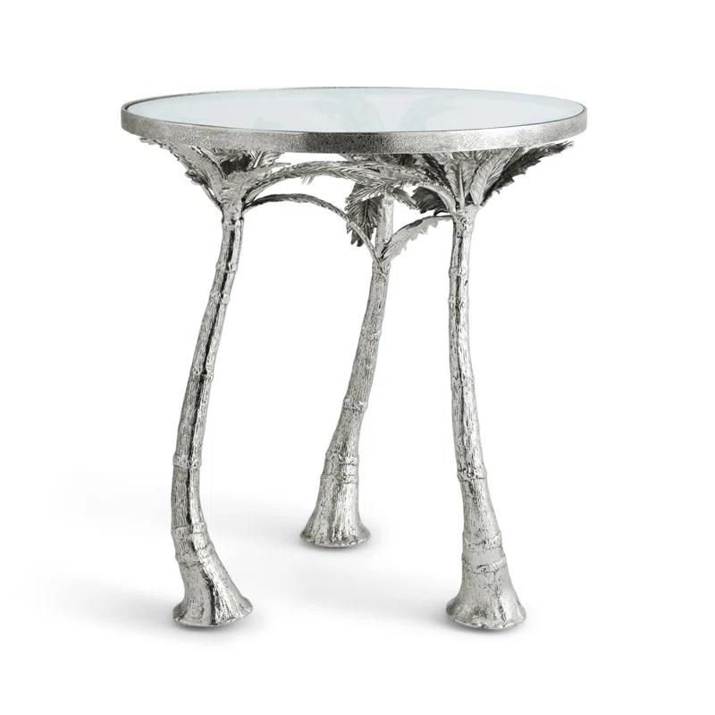 Windswept Palm Round Silver Metal & Glass Side Table
