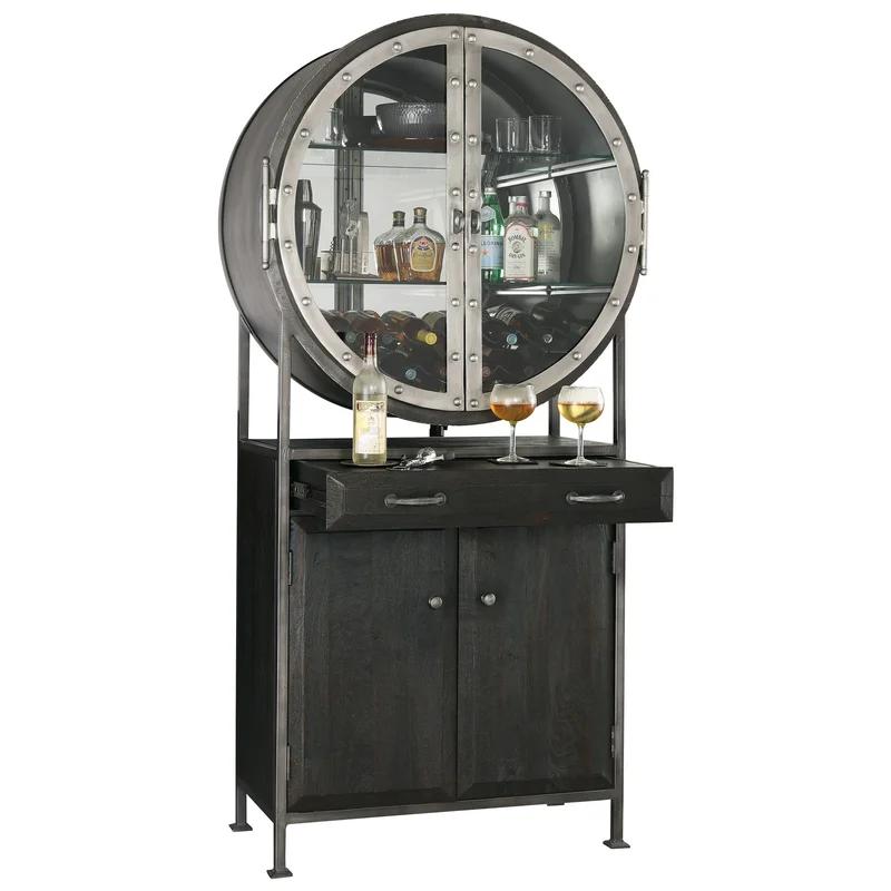 Aged Mocha Hardwood 39.75'' Bar Cabinet with Iron-Finished Frame