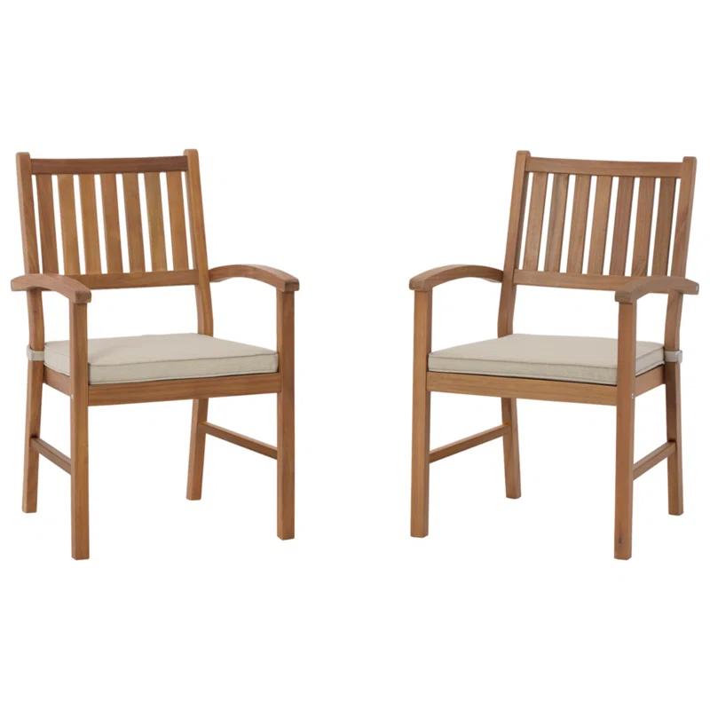 Light Brown Acacia Wood Outdoor Dining Arm Chairs with Cushions