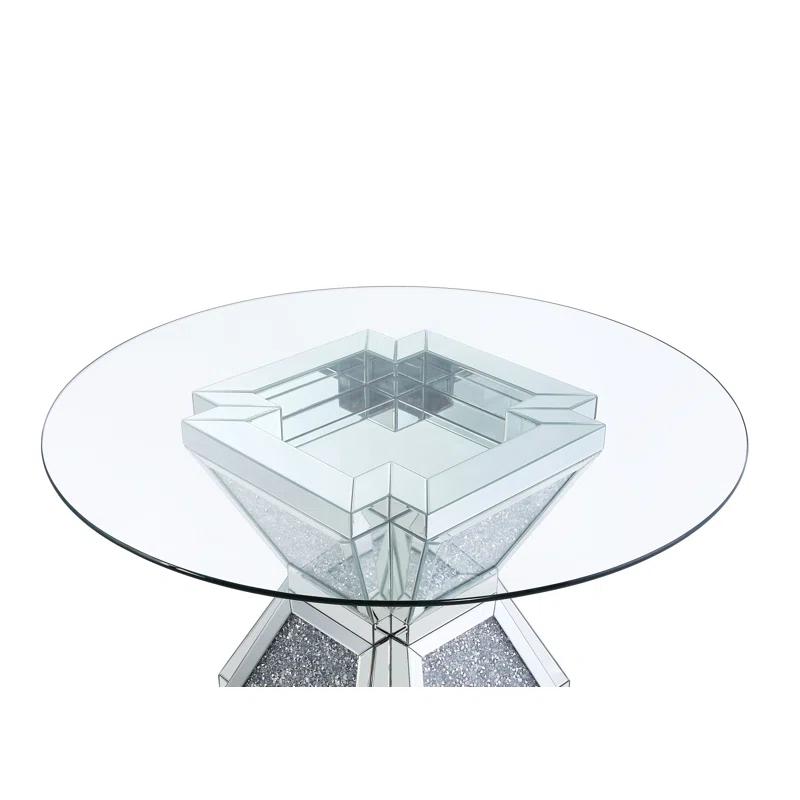 Elegant 52" Round Glass Dining Table with Mirrored Diamond Pedestal