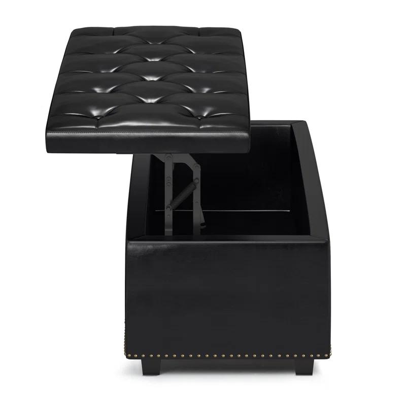 Simpli Home Hamilton 44"W Upholstered Lift-Top Storage Ottoman with Nailhead Trim and Tufted Detailing