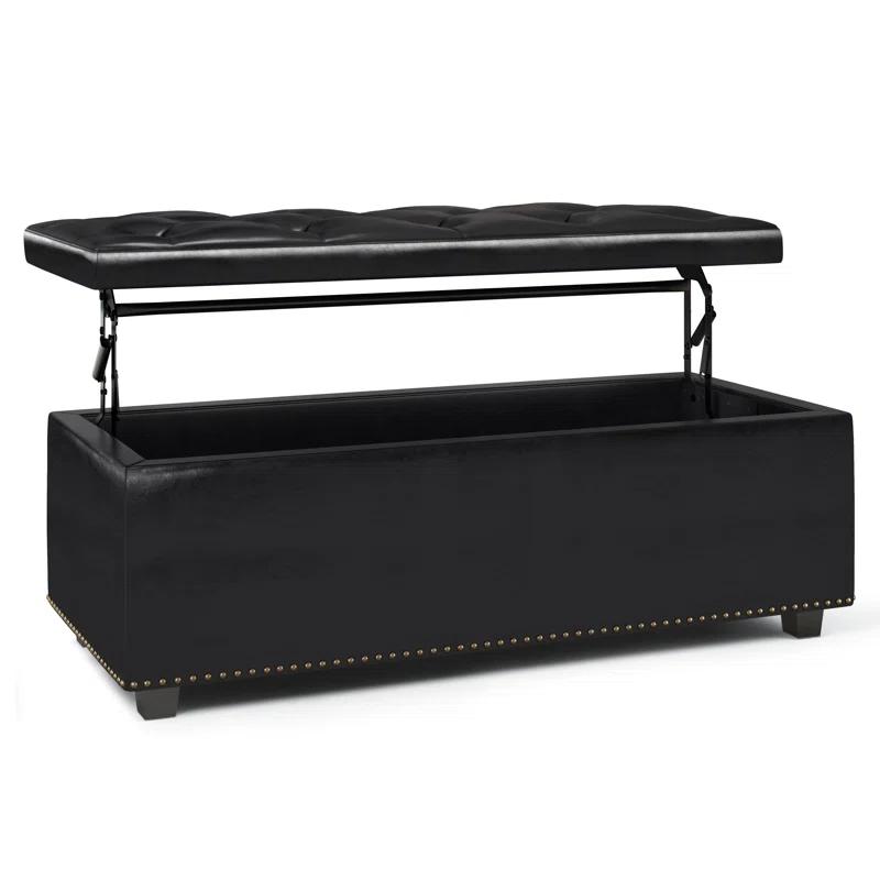 Simpli Home Hamilton 44"W Upholstered Lift-Top Storage Ottoman with Nailhead Trim and Tufted Detailing