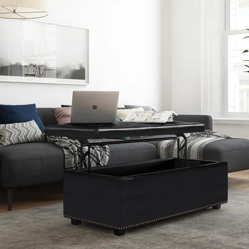 Simpli Home Hamilton 44"W Upholstered Lift-Top Storage Ottoman with Nailhead Trim and Tufted Detailing