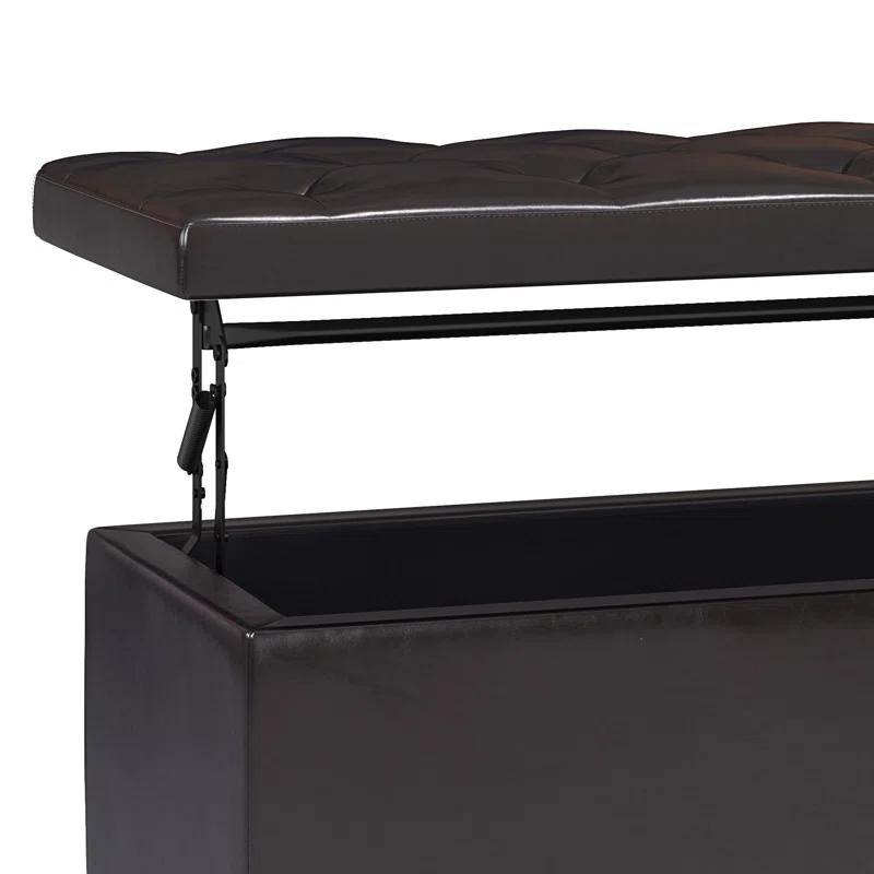 Simpli Home Hamilton 44"W Upholstered Lift-Top Storage Ottoman with Nailhead Trim and Tufted Detailing