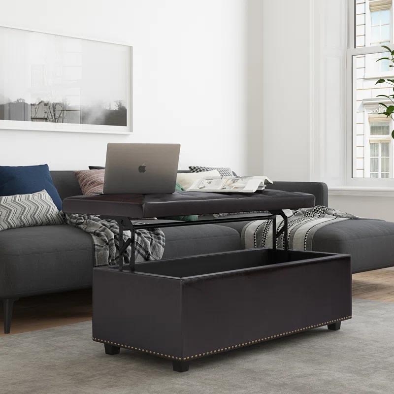 Simpli Home Hamilton 44"W Upholstered Lift-Top Storage Ottoman with Nailhead Trim and Tufted Detailing