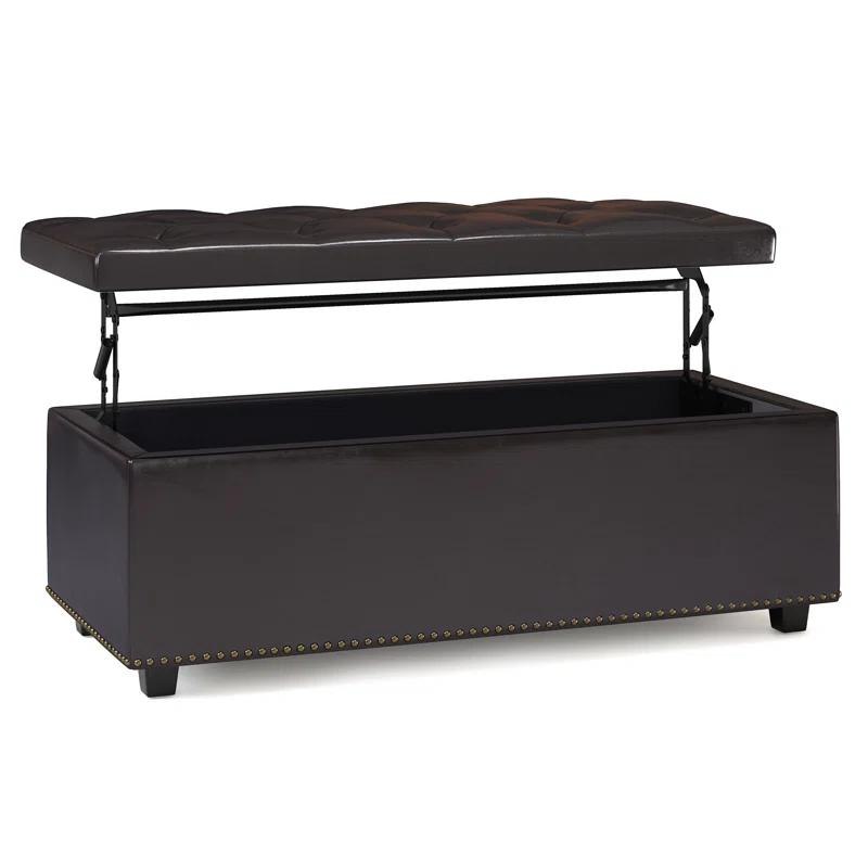 Simpli Home Hamilton 44"W Upholstered Lift-Top Storage Ottoman with Nailhead Trim and Tufted Detailing
