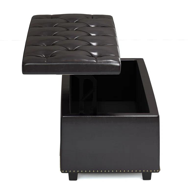 Simpli Home Hamilton 44"W Upholstered Lift-Top Storage Ottoman with Nailhead Trim and Tufted Detailing