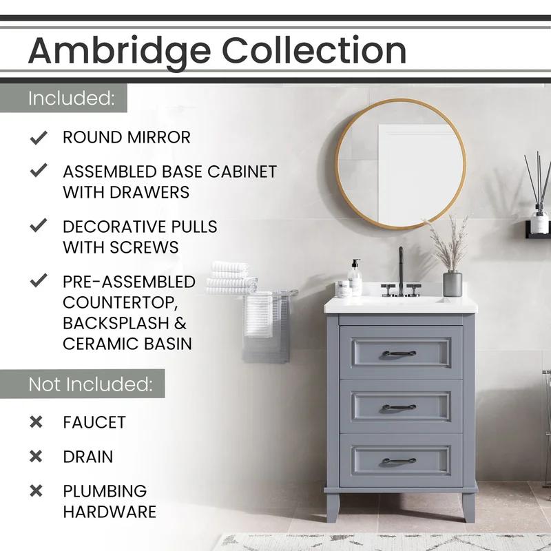 Ambridge 24'' White Engineered Stone Vanity Set with Gold-Framed Mirror