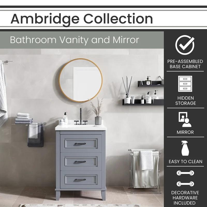 Ambridge 24'' White Engineered Stone Vanity Set with Gold-Framed Mirror