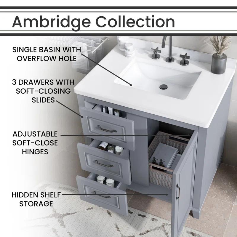 Hanover Hanover Ambridge 31'' Vanity Cabinet with Sink Combo for Bathroom, Pre-Assembled Cabinet