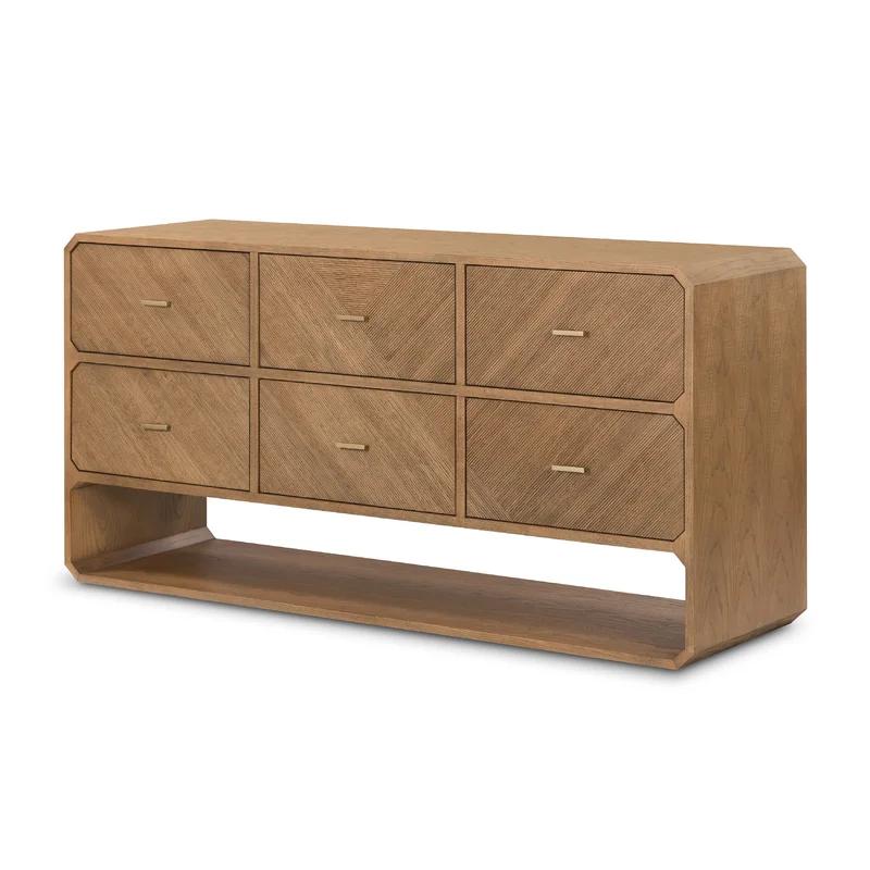 Modern Natural Ash Veneer 6-Drawer Dresser with Satin Brass Hardware