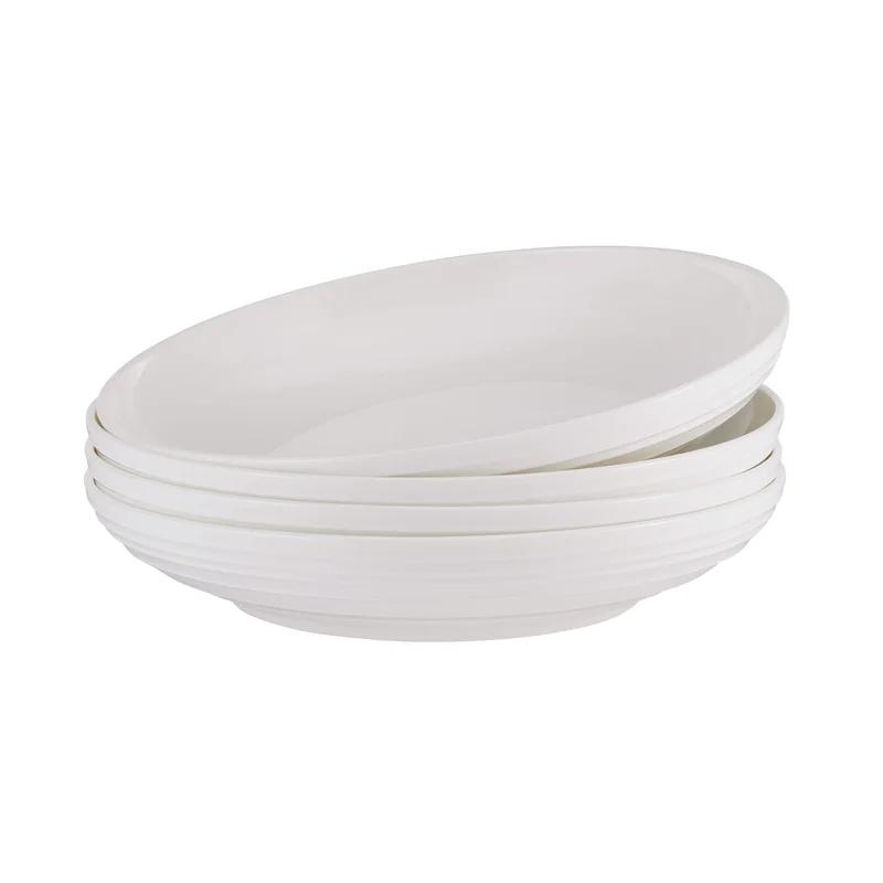 White Ceramic Ribbed 9-Inch Pasta Bowls, Set of 4