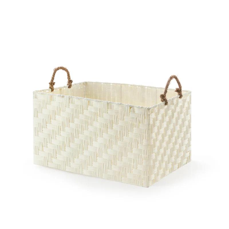 Off-White Faux Wicker Storage Basket with Rope Handles