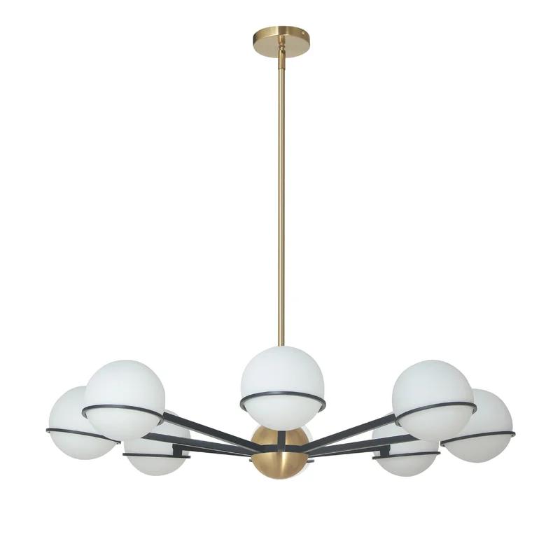 Sofia Modern 38" Matte Black & Aged Brass Chandelier with White Opal Glass