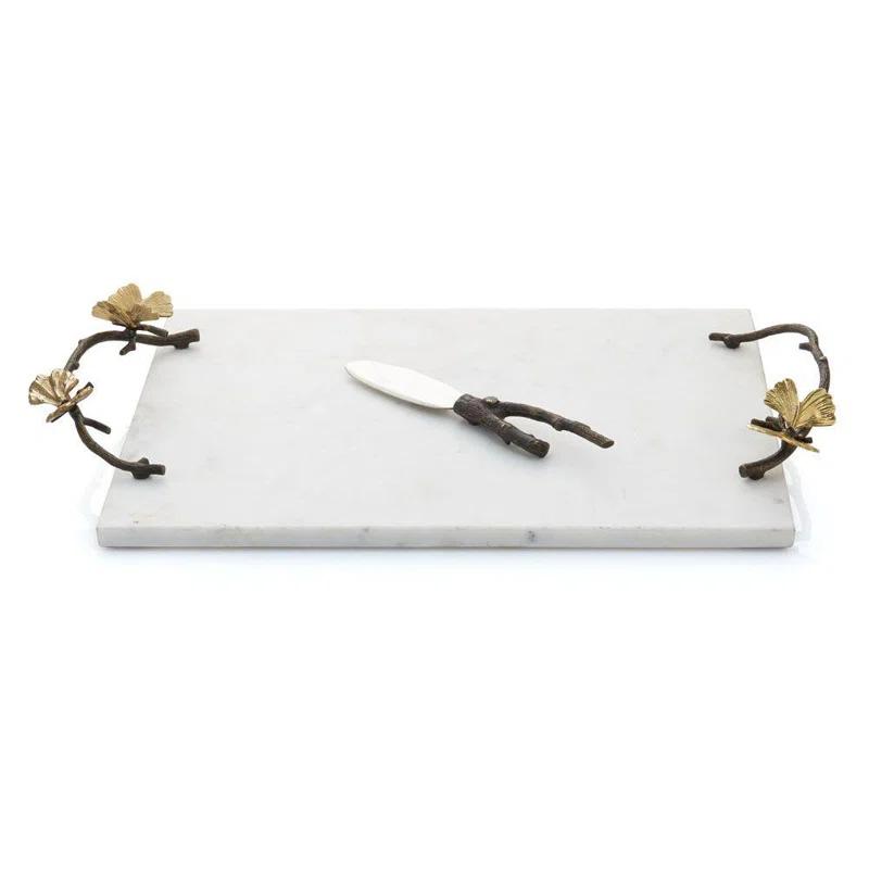 Elegant Butterfly Ginkgo 10"x18.5" Marble Cheese Board Set with Knife