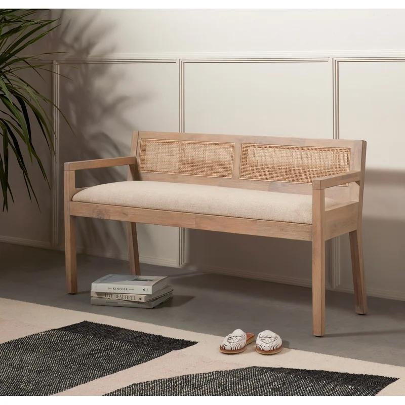 Contemporary Cream Mango Wood and Woven Cane 54" Bench