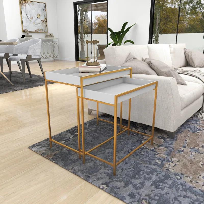 Mercer41 Blaine Wooden Nesting Tray Top Geometric Side End White Accent Table with Gold Metal Legs Set