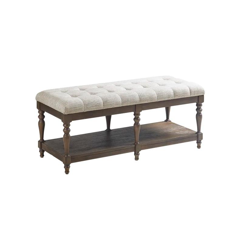 Elegant Ivory Tufted Accent Bench with Turned Legs and Shelf
