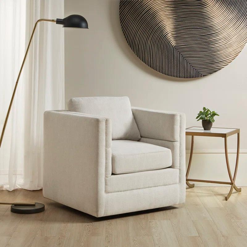 Ivory Cream Channel-Textured 360 Swivel Accent Chair