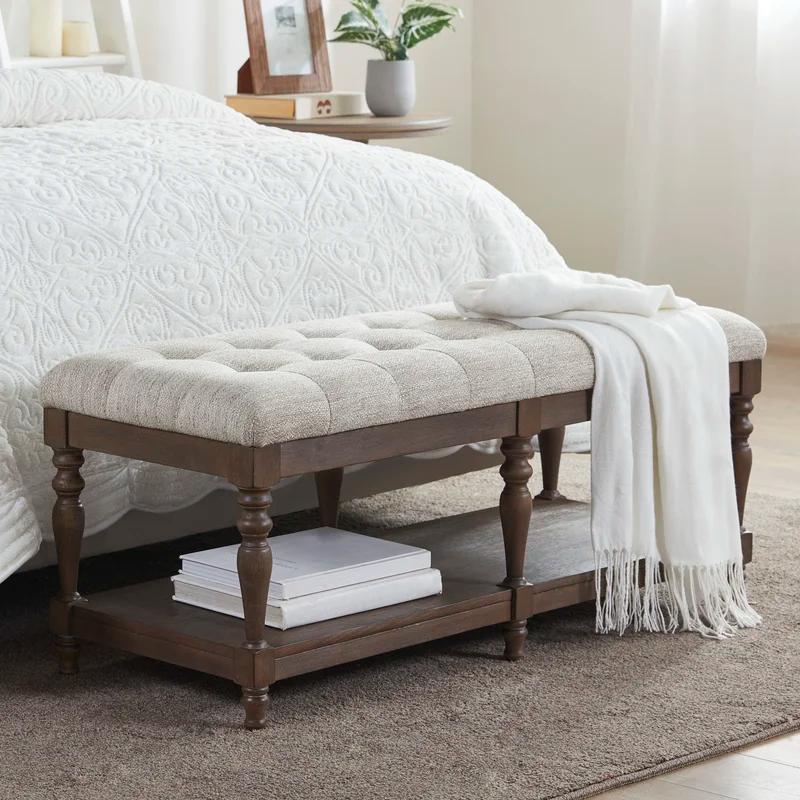 Elegant Ivory Tufted Accent Bench with Turned Legs and Shelf