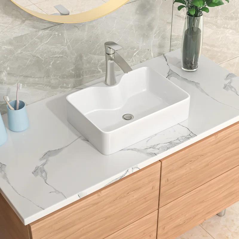 16" x 12" Bathroom Vessel Sink Rectangular Above Counter White Ceramic Vessel Sink with Faucet Hole