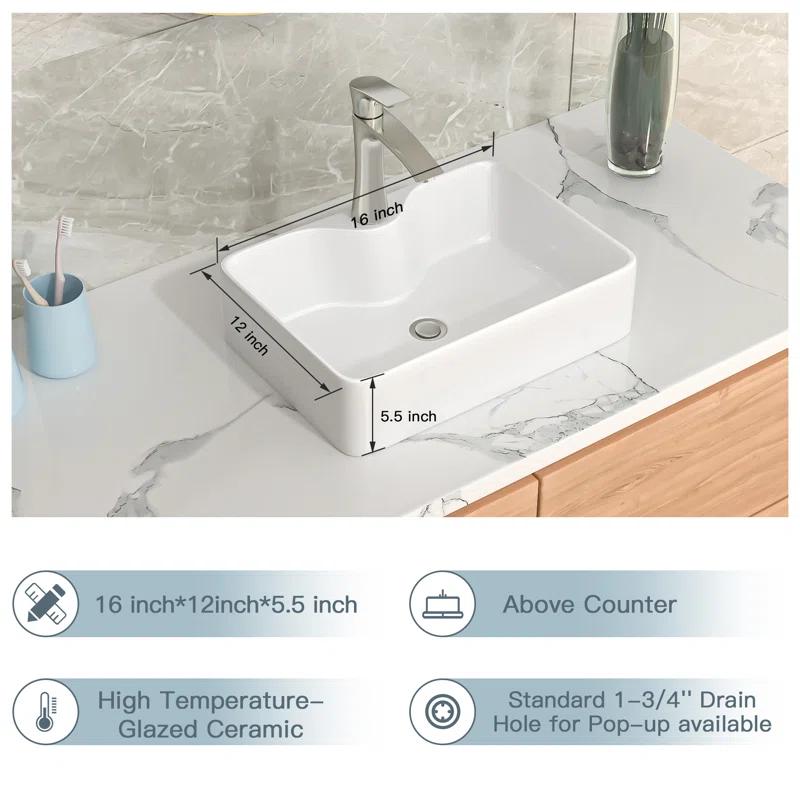 16" x 12" Bathroom Vessel Sink Rectangular Above Counter White Ceramic Vessel Sink with Faucet Hole