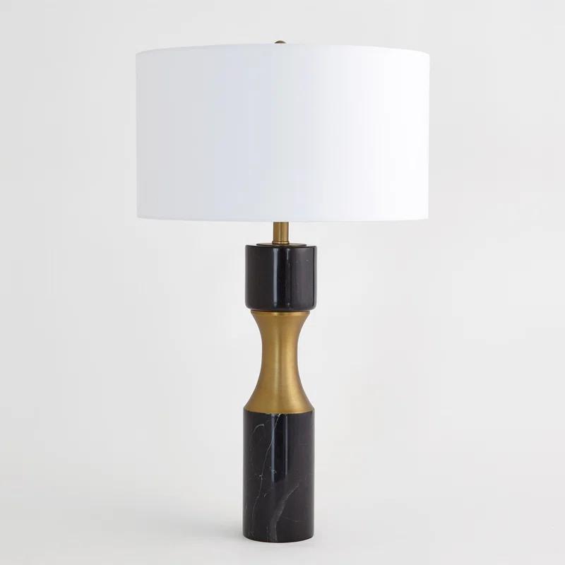Elegant Black Marble and Brass-Plated Table Lamp with White Linen Shade