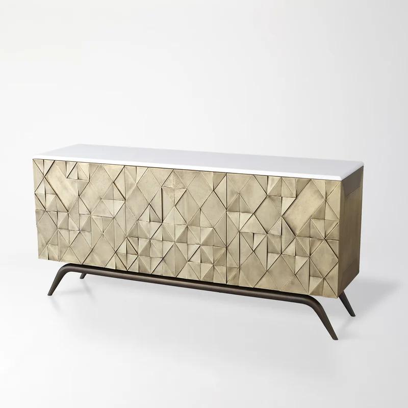 Polished Brass Triangle Cabinet with Marble Top and Adjustable Shelves