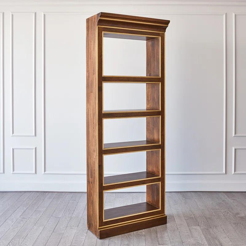 Walnut Finish Mango Wood 5-Tier Adjustable Library Bookcase with Brass Details