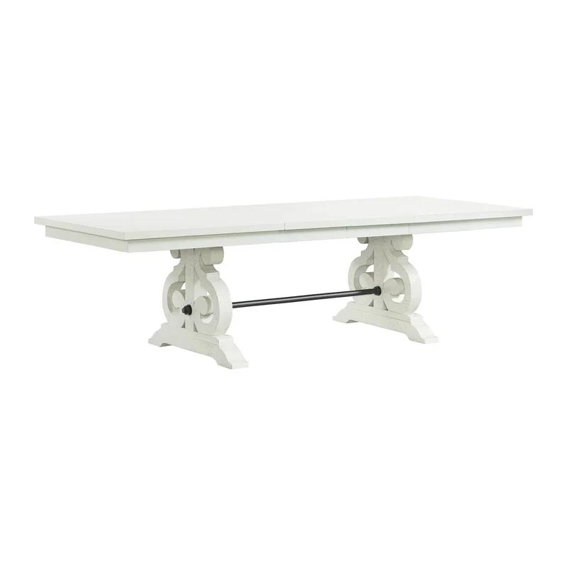 White Distressed Wood Extendable Dining Table with Scroll Trestle