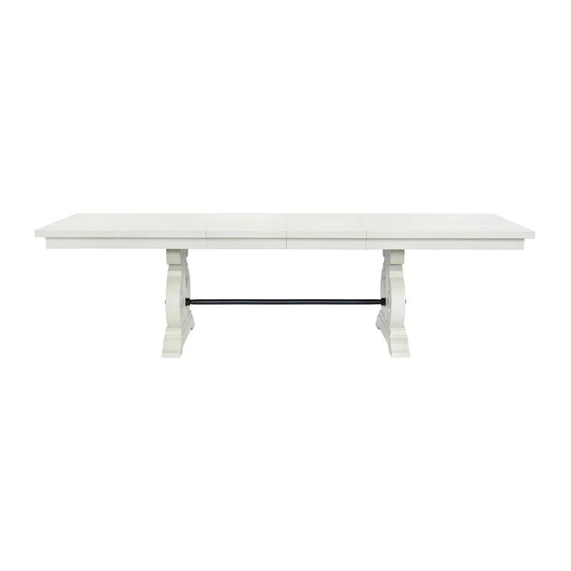 White Distressed Wood Extendable Dining Table with Scroll Trestle