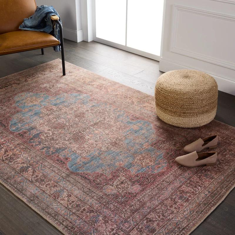 Washable Blue and Red Medallion Wool Rug