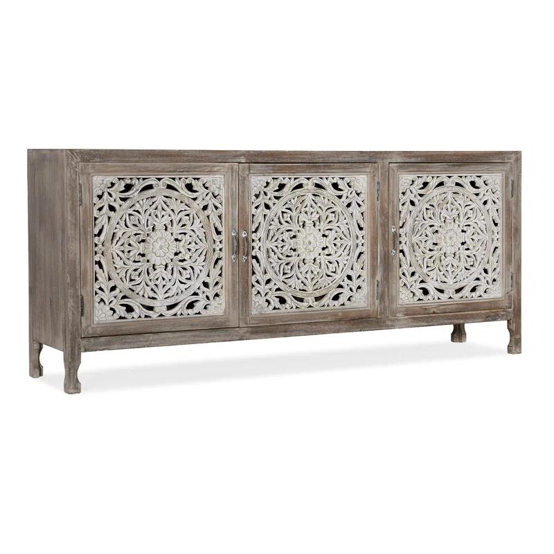 Traditional 80'' Beige Light Wood Media Console with Hand-Carved Doors