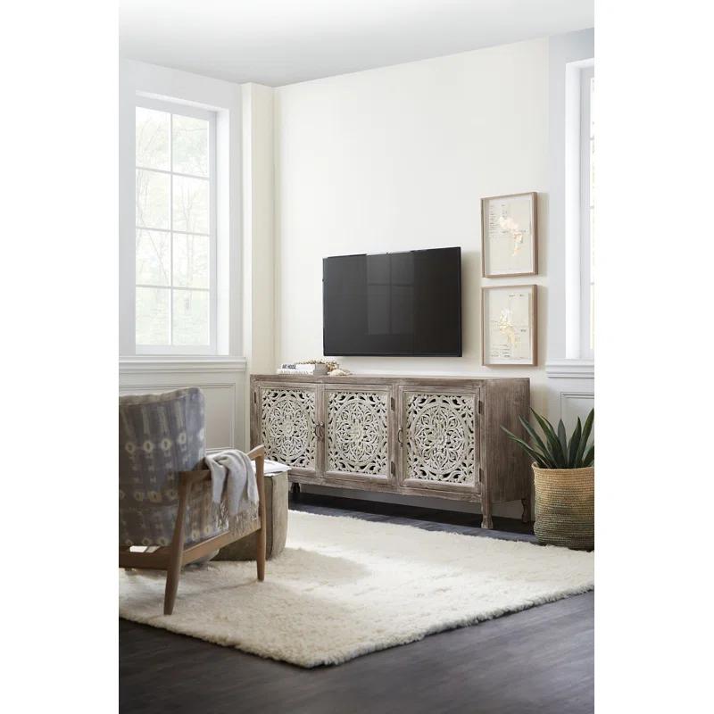 Traditional 80'' Beige Light Wood Media Console with Hand-Carved Doors