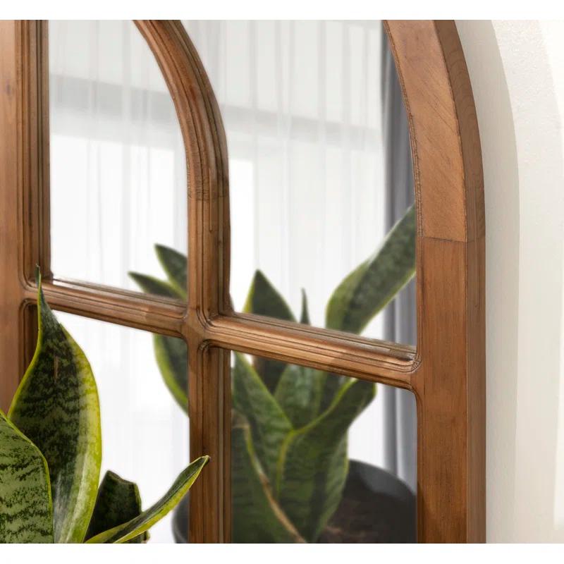 Rustic Brown Wood Arched Windowpane Wall Mirror