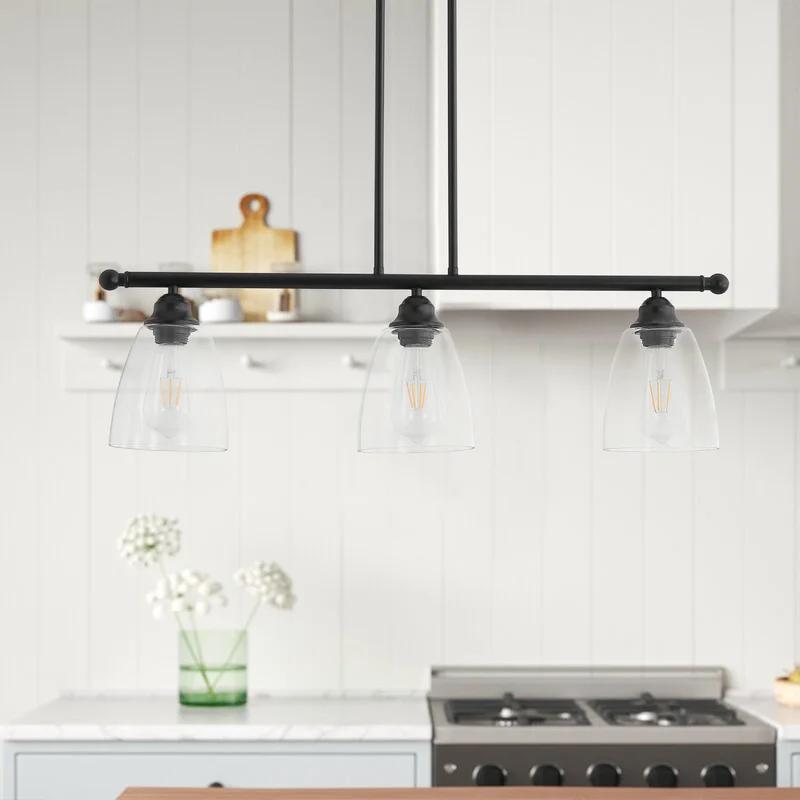 Farmhouse 3-Light Black Metal and Clear Glass Tiered Kitchen Island Pendant