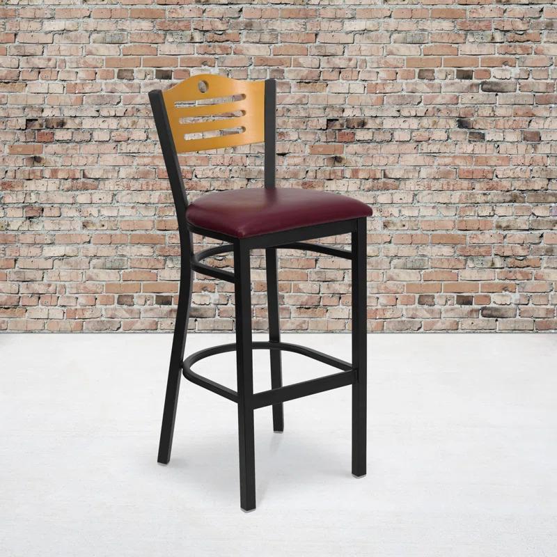 Black Metal Bar Stool with Decorative Cutout Back and Vinyl Seat