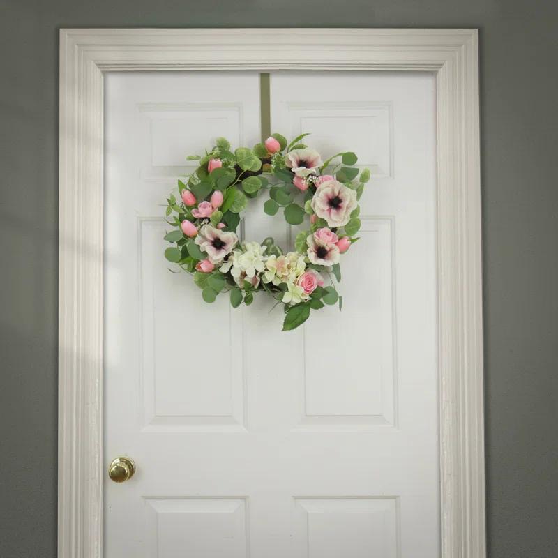 The Holiday Aisle® 22 inch Artificial Spring Wreath with Hydrangea, Tulip, and Eucalyptus Blooms, Realistic Floral Decoration for Front Door or Indoor Décor