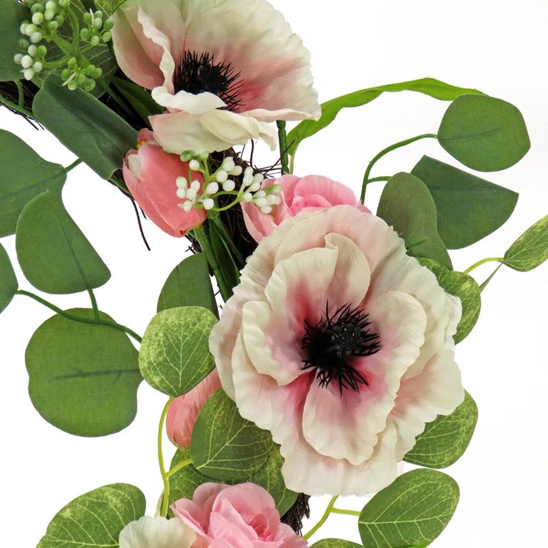 The Holiday Aisle® 22 inch Artificial Spring Wreath with Hydrangea, Tulip, and Eucalyptus Blooms, Realistic Floral Decoration for Front Door or Indoor Décor