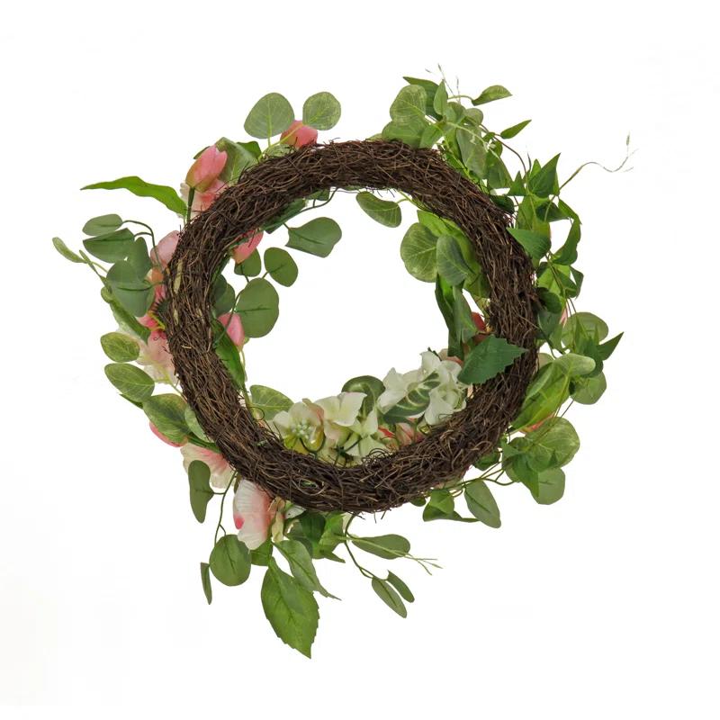 The Holiday Aisle® 22 inch Artificial Spring Wreath with Hydrangea, Tulip, and Eucalyptus Blooms, Realistic Floral Decoration for Front Door or Indoor Décor