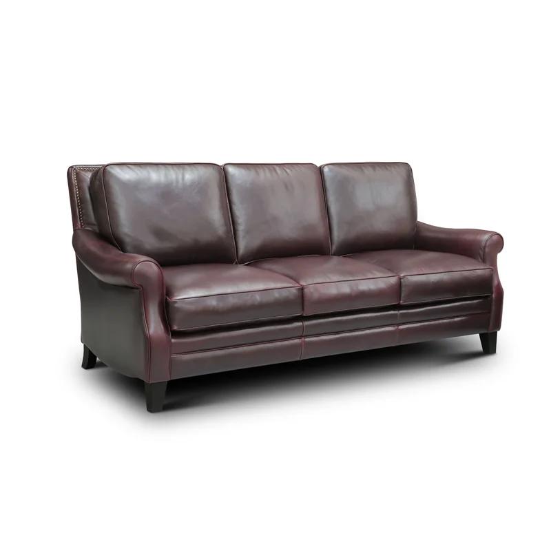 Adriana Traditional Rolled Arm Brown Leather Sofa with Nailhead Accents