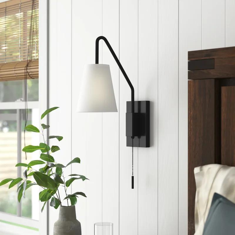 Owen Matte Black Adjustable Arm Sconce with White Fabric Shade