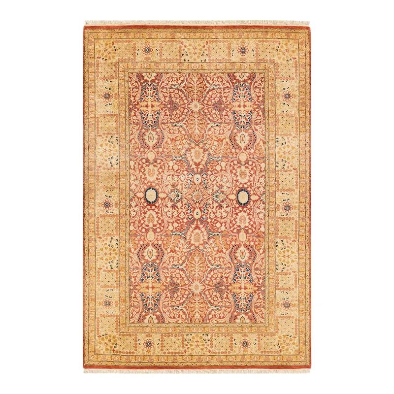 Hand-Knotted Traditional Wool Area Rug in Orange and Beige, 4'9" x 7'1"