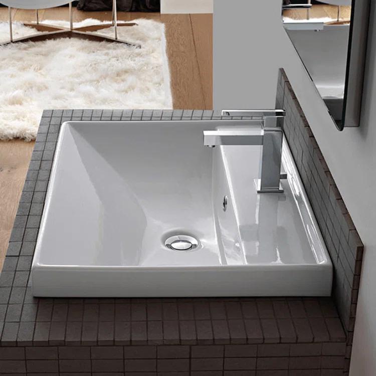 Modern Square White Ceramic Pedestal Bathroom Sink with Overflow