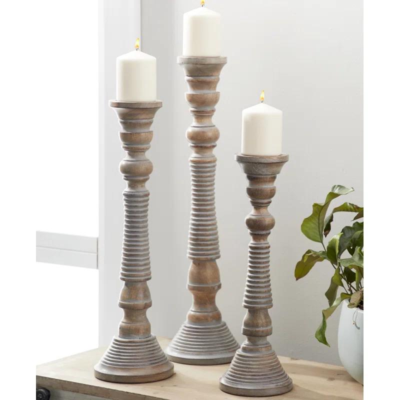 Mango Wood Handmade Decorative Light Gray Candle Holder Set (Set of 3)