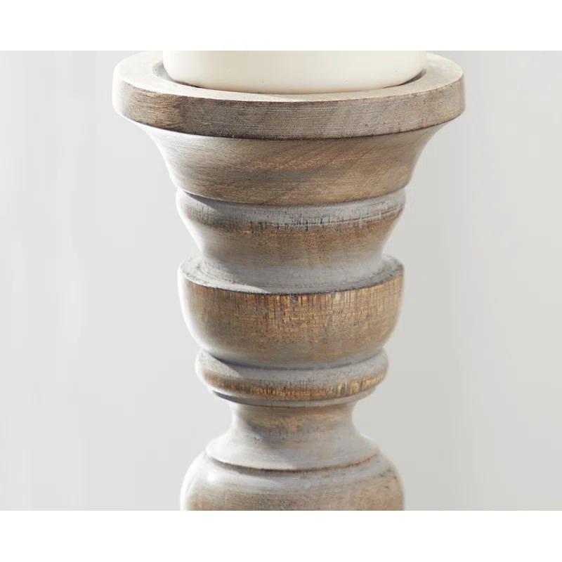 Mocha Brown Mango Wood Candlestick Trio with Gray Wash