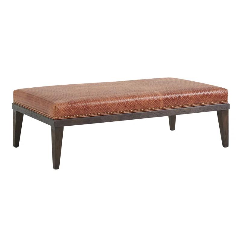 Walnut Tufted Leather Cocktail Ottoman with Old Brass Nail Trim