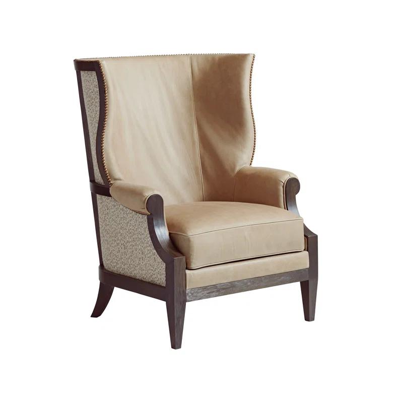 Arrowleaf Beige Leather Wing Chair with Old Brass Nail Trim