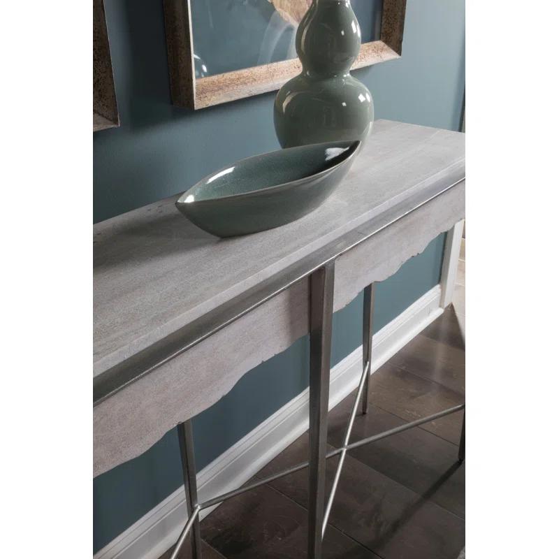 Beige and Silver Rectangular Stone and Metal Console Table