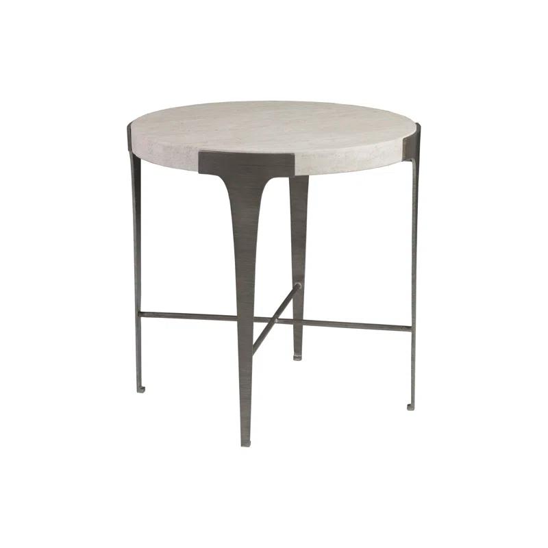 Sleek Modern Round End Table with White Vein Travertine Top